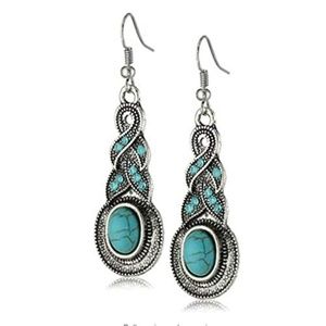 Silver Oval Turquoise Crystal Drop Earrings